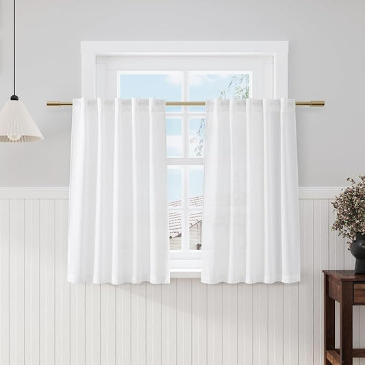 Nanspring White Linen Semi Sheer Cafe Curtains 36 Inch Length 2 Panel Set Back Tab Pocket Design for Small Bathroom Kitchen Windows Modern Farmhouse Coastal Decor 40x36