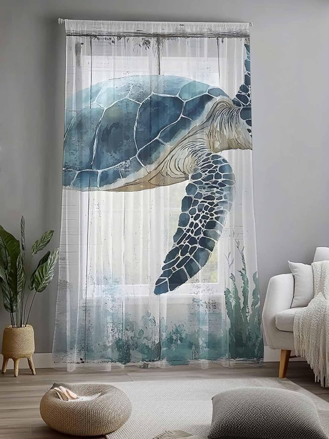 Sheer Curtains 108 Inches Long, Sea Turtle Teal Blue Semi Sheer Curtains Light - Image 2
