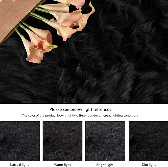 ORINOVA Black Faux Sheepskin Washable Fluffy Fur Rugs for Bedroom Fuzzy Nursery Rug 3x5 Rectangle Rug Cute Room Home Décor