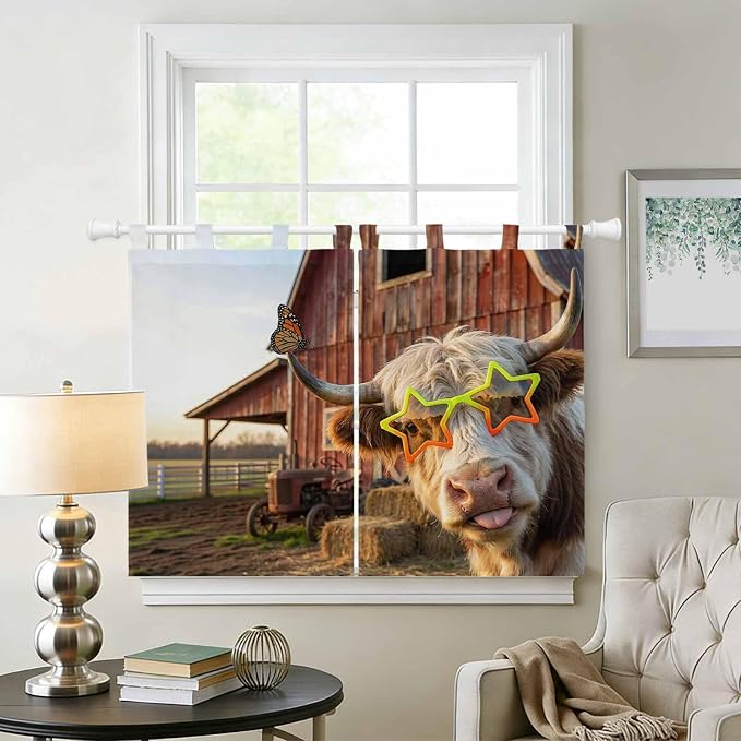Farm Yaks Kitchen Curtains 45 Inch Length, Short Cafe Window Curtains Tab Top - Image 2