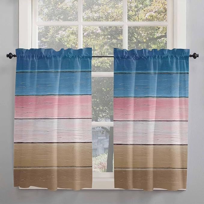Blue Pink Brown Gradient Wood Grain Window Valance Curtains, Vintage Wood Board - Image 7