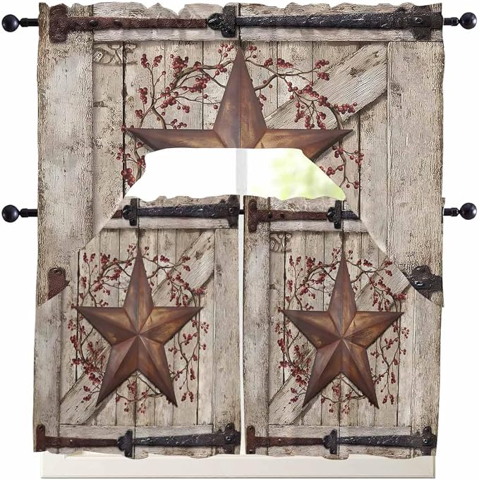Country Star Swag Kitchen Curtains Valance and Tier Set, VintageRust Yellow - Image 7