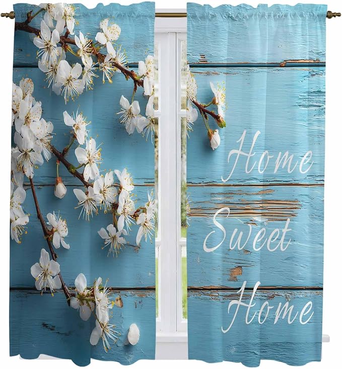 Farmhouse Wooden Grain Kitchen Curtains, Vintage Shabby Chic Flower Blue Light by Unknown