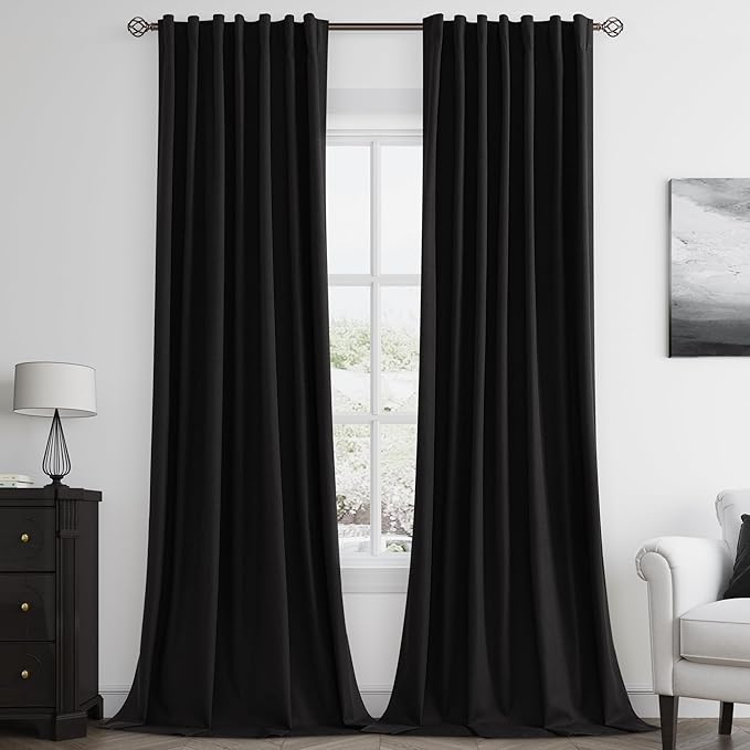 Guken Black 100% Blackout Linen Curtains 102 Inch Length 2 Panels Set for Living Room Bedroom Back Tab Thermal Insulated Black Out Drapes Room Darkening Window Curtains,52x108