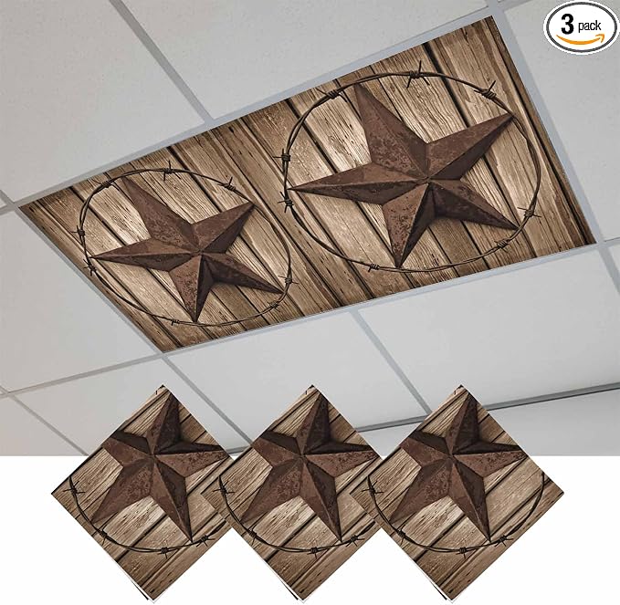 3 Pack Vintage Texas Star Fluorescent Light Covers Brown Wood Grain Wire 4 x 2 by Unknown