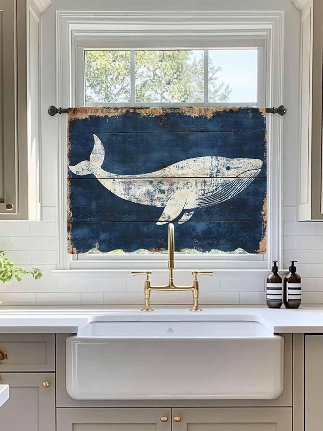 Sheer Curtains 45 Inch Length, Ocean Whale Blue Semi Sheer Curtains Light - Image 3