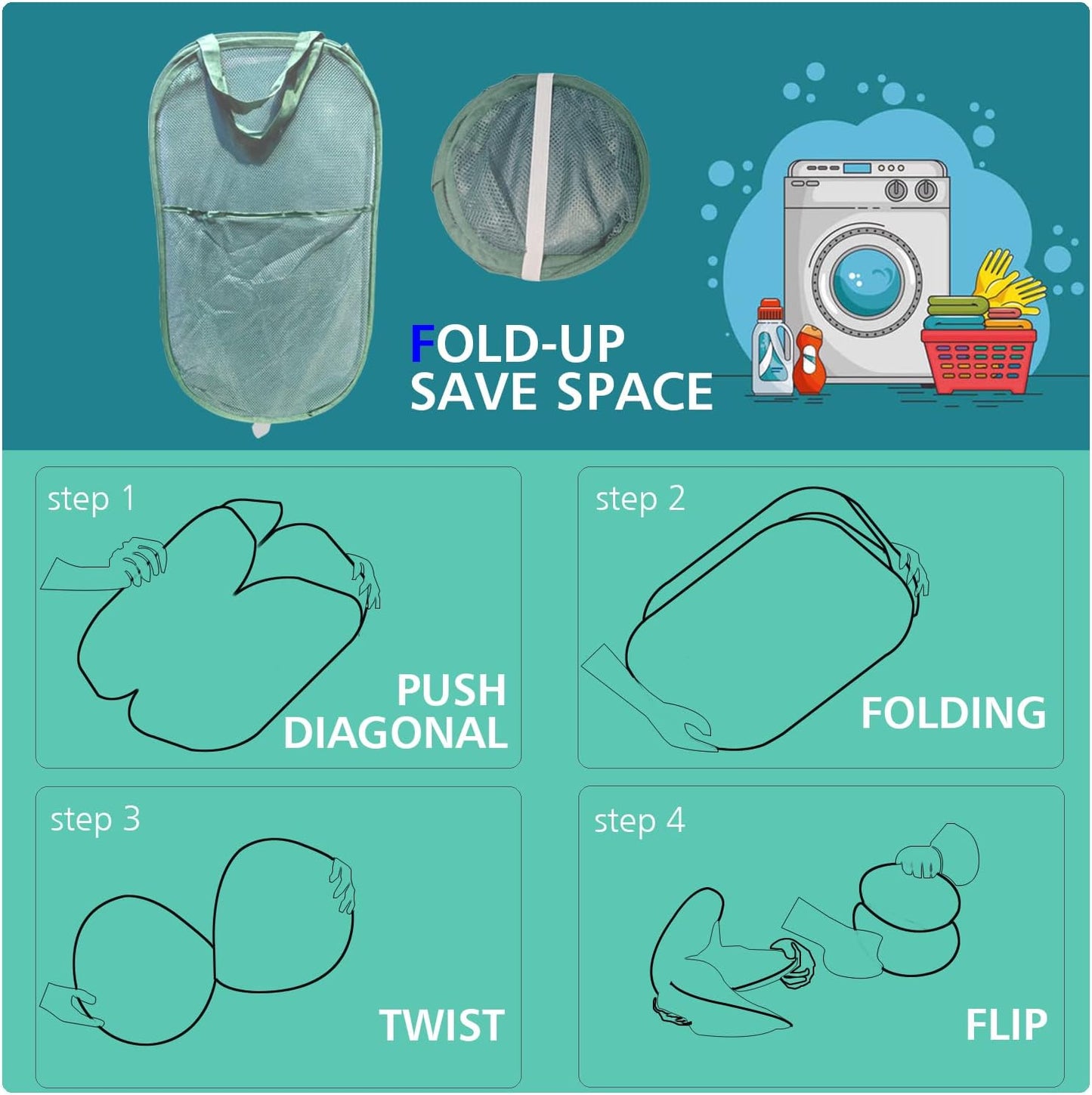 HONOMA Sturdy Mesh Laundry Hamper Basket Bag,Pop up Basket with Side Pocket for Laundry Room, Bathroom, Kids Room, College Dorm or Travel (Pop Vertical, Emerald)