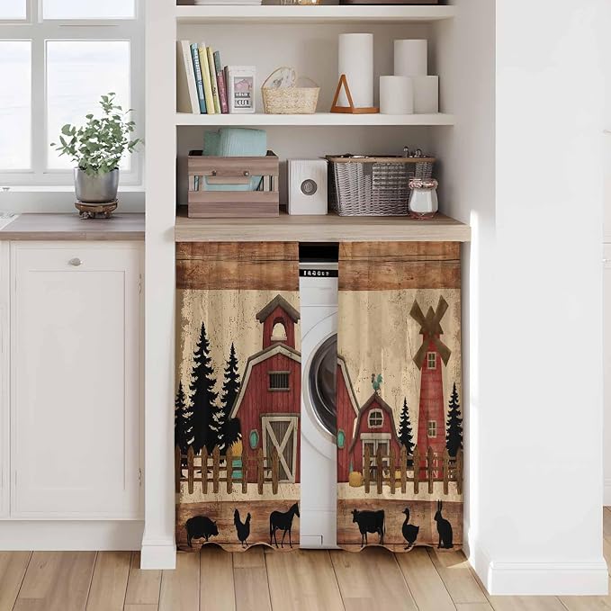Brown Farmhouse Kitchen Curtains, Vintage Country Animals Wooden Grain Light - Image 7