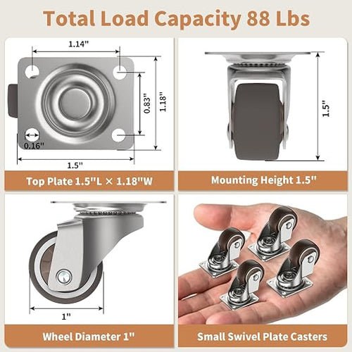 1" Mini Low Profile Swivel Plate Casters, TPR Furniture Wheels | 88lbs Load - Image 2