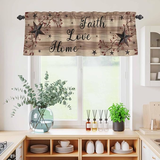 Kitchen Curtains Tiers and Valance Set of 3, Farmhouse Star Brown Light - Image 4