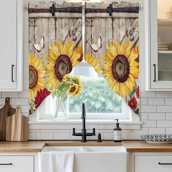 Sunflowers Swag Valances for Windows, Retro Flower Barn Doors Butterfly - Image 2