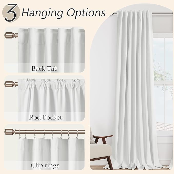 Guken White 100% Blackout Linen Curtains 52 Inch Wide by 118 Inch for Living Room Bedroom Back TabRod Pocket Thermal Insulated Black Out Linen 2 Drapes Room Darkening Window Curtains