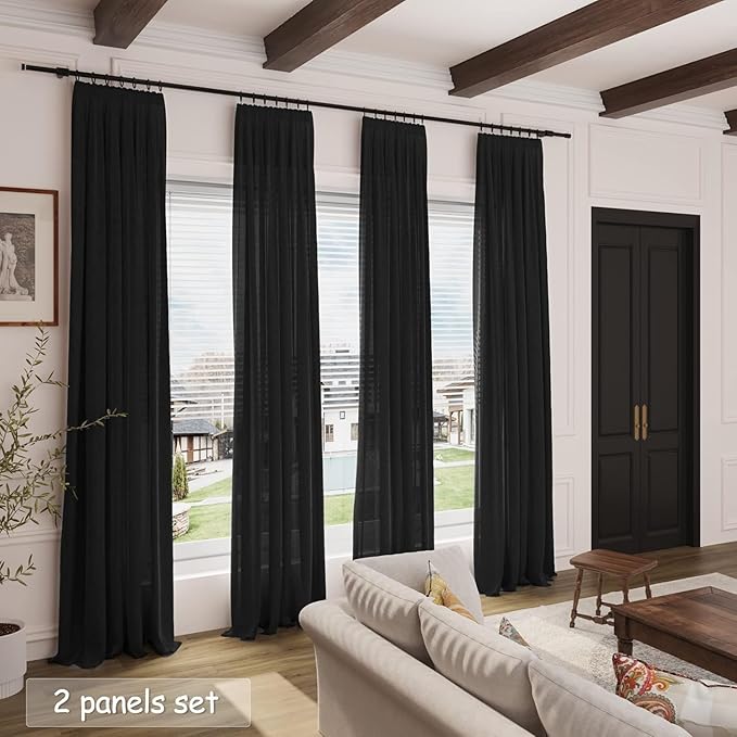 Nanspring Extra Long 108 Inch Curtains Linen for Living Room Black Simple Modern Privacy Curtains Back Tab Rod Pocket Long Semi Sheer Curtain Drapes for Bedroom 9Ft 60x108