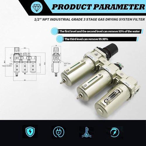 1/2" NPT Industrial Grade 3 Stage Drying System Filter, Coalescing Filter - Image 2