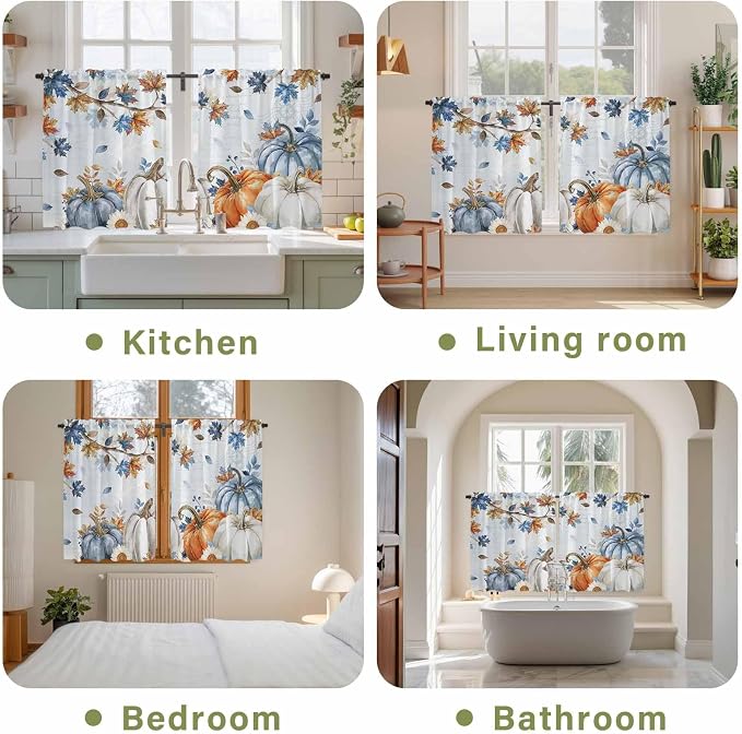 Fall Blue Maple Kitchen Curtains 54 Inch Long 2 Panel Set, Rod Pocket Window - Image 8