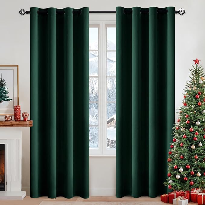 MIULEE Christmas Blackout Curtains 2 Panels,Room Darkening Thermal Insulated Drapes Solid Window Treatment Set Grommet Top Light Blocking Curtain for Living Room/Bedroom 52x84 inch, Hunter Dark Green