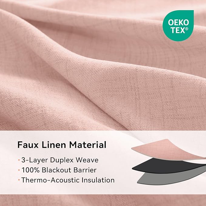 100% Blackout Shield Linen Blackout Curtains for Bedroom, Blush Pink Grommet Curtains for Living Room, Thermal Insulated Room Darkening Drapes for Nursery, Boho Home Decor, 50" W x 90" L, 2 Panels