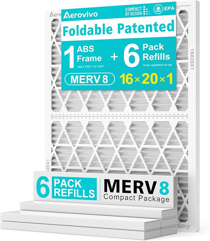 16x20x1 MERV8 Refillable Air Filter Starter Kit, 1 Reusable Foldable Frame ＆ 6 by AErovivo