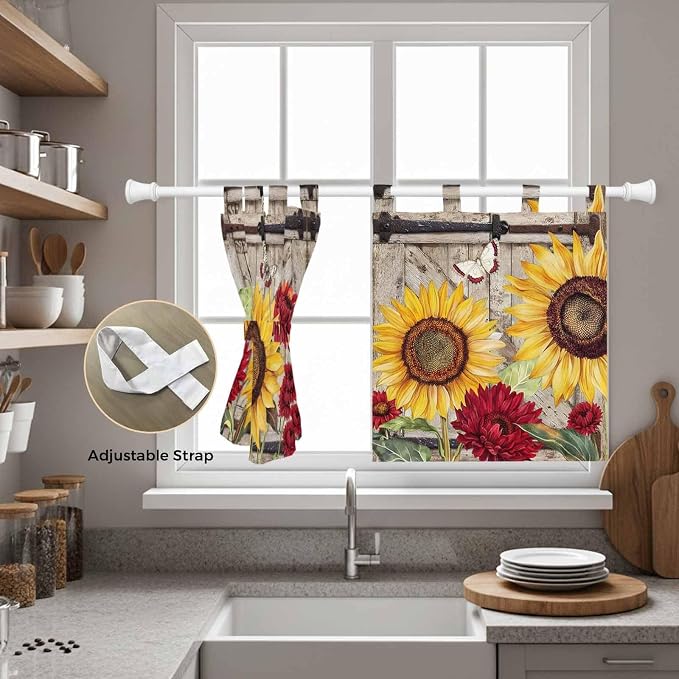 Sunflowers Kitchen Curtains 24 Inch Length, Small Window Curtains Tab Top - Image 5