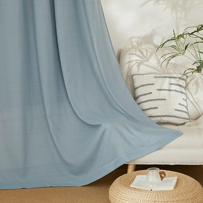NICETOWN Stone Blue Short Linen Curtains for Kitchen, Thick Flax Small Window Treatments Semi Sheer Privacy Assured with Light Through for Cafe/Bathroom, W42 x L48, 2 Panels