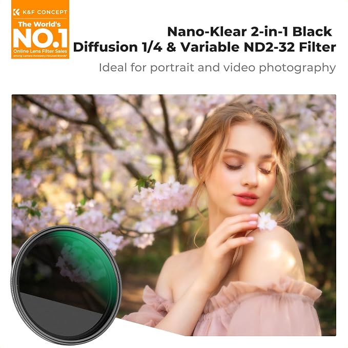 K&F CONCEPT 58mm Black Diffusion Mist 1/4 & Variable ND2-32 in-1 Filter - Image 2