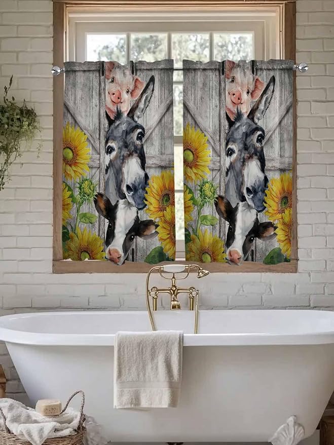 Farmhouse Kitchen Curtains 54 Inches Length, Vintage Sunflowers Animals Printed - Image 7