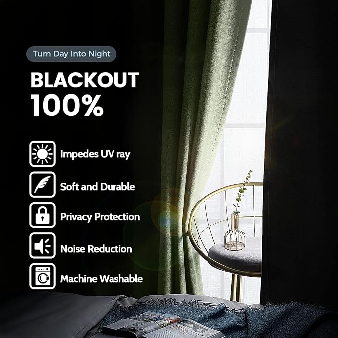 SimpleHome 100% Blackout Curtains for Bedroom,Thermal Insulated Sage Grommet Window Drapes Room Darkening Curtains for Living Room with Black Back,42 x 36 Inch,2 Panels