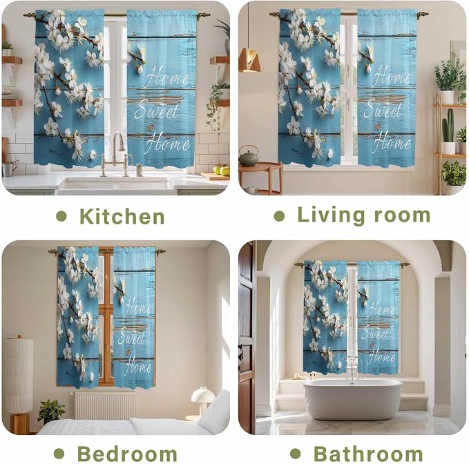 Farmhouse Wooden Grain Kitchen Curtains, Vintage Shabby Chic Flower Blue Light - Image 8