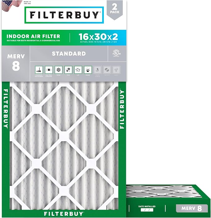 Filterbuy 16x30x2 Air Filter MERV 8 Essential Dust & Allergy Defense, by Filterbuy