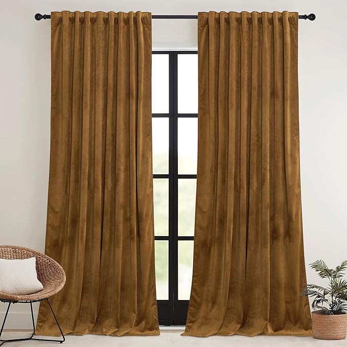 RYB HOME Gold Brown Velvet Curtains 84 inches with Hook Belt, Soft Fabric Room Darkening Thermal Insulated Luxurious Home Decor Curtains for Living Room Bedroom, W 42" x L 84", 2 Panels Set