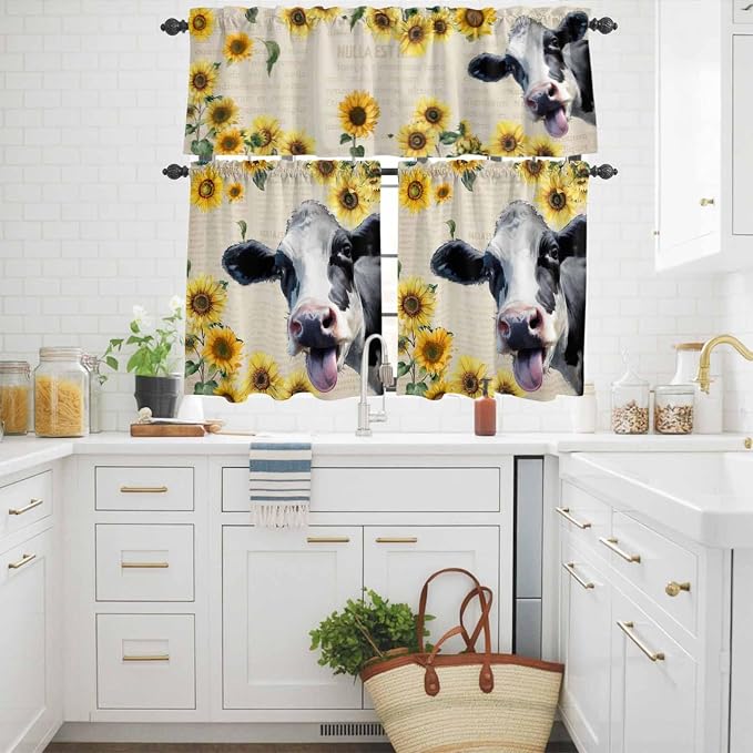 Kitchen Curtains Tiers and Valance Set of 3, Cow Sunflowers Light Filtering - Image 3