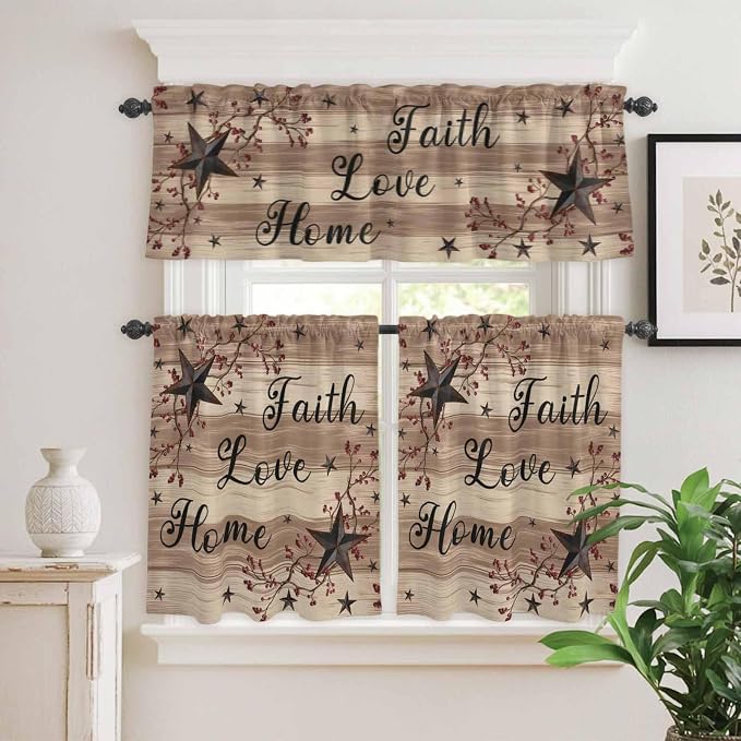 Kitchen Curtains Tiers and Valance Set of 3, Farmhouse Star Brown Light - Image 2