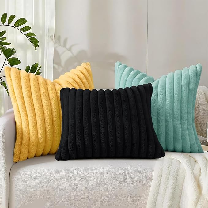 decorUhome Summer Cozy Faux Fur Throw Pillow Covers 26x26 Set of 2 Decorative Plush Striped Modern Farmhouse Boho Couch Euro Sham Pillow Cases with Velvet Back for Sofa Bed Living Room, Mustard Yellow