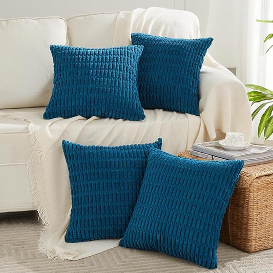 Fancy Homi 4 Packs Teal Decorative Throw Pillow Covers 18x18 Inch for Living Room Couch Bed Sofa, Rustic Farmhouse Boho Home Decor, Soft Striped Corduroy Square Cushion Case 45x45 cm
