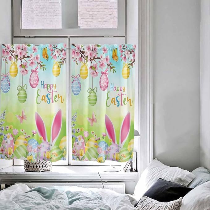 Easter Tier Curtains 45 Inches Long, Spring Bunny Colorful Rabbit Eggs - Image 5