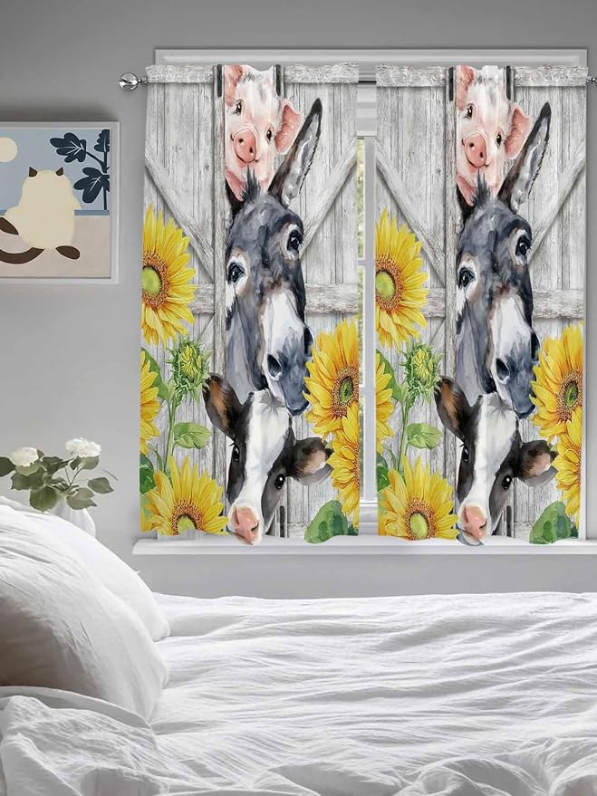Farmhouse Bedroom Curtains 63 Inches length, Watercolor Sunflowers Animals - Image 5