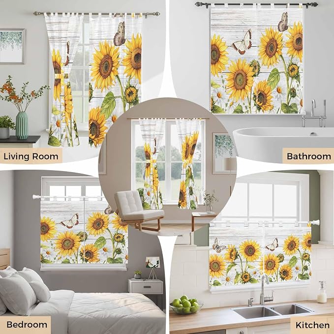 Yellow Sunflowers Bathroom Curtains 63 Inch Length, Window Curtains Tab Top - Image 7