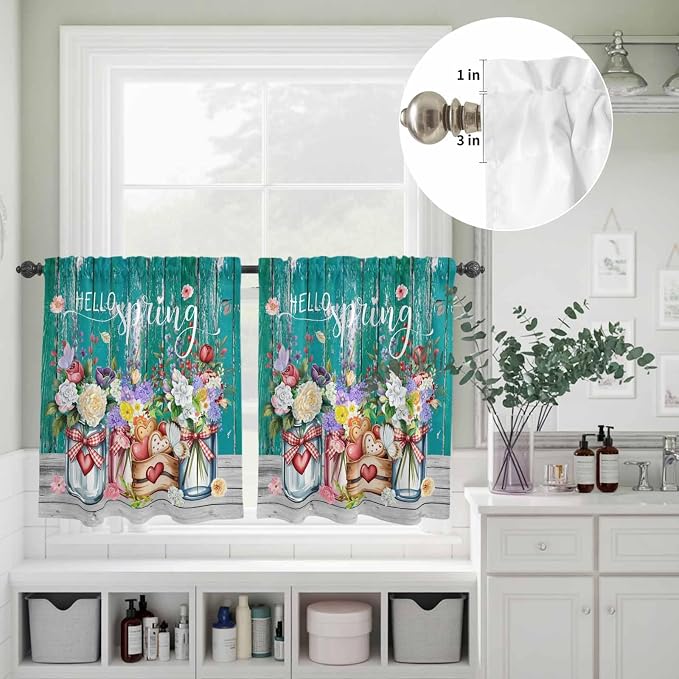 Kitchen Curtains Tiers and Valance Set of 3, Spring Flowers Light Filtering - Image 8