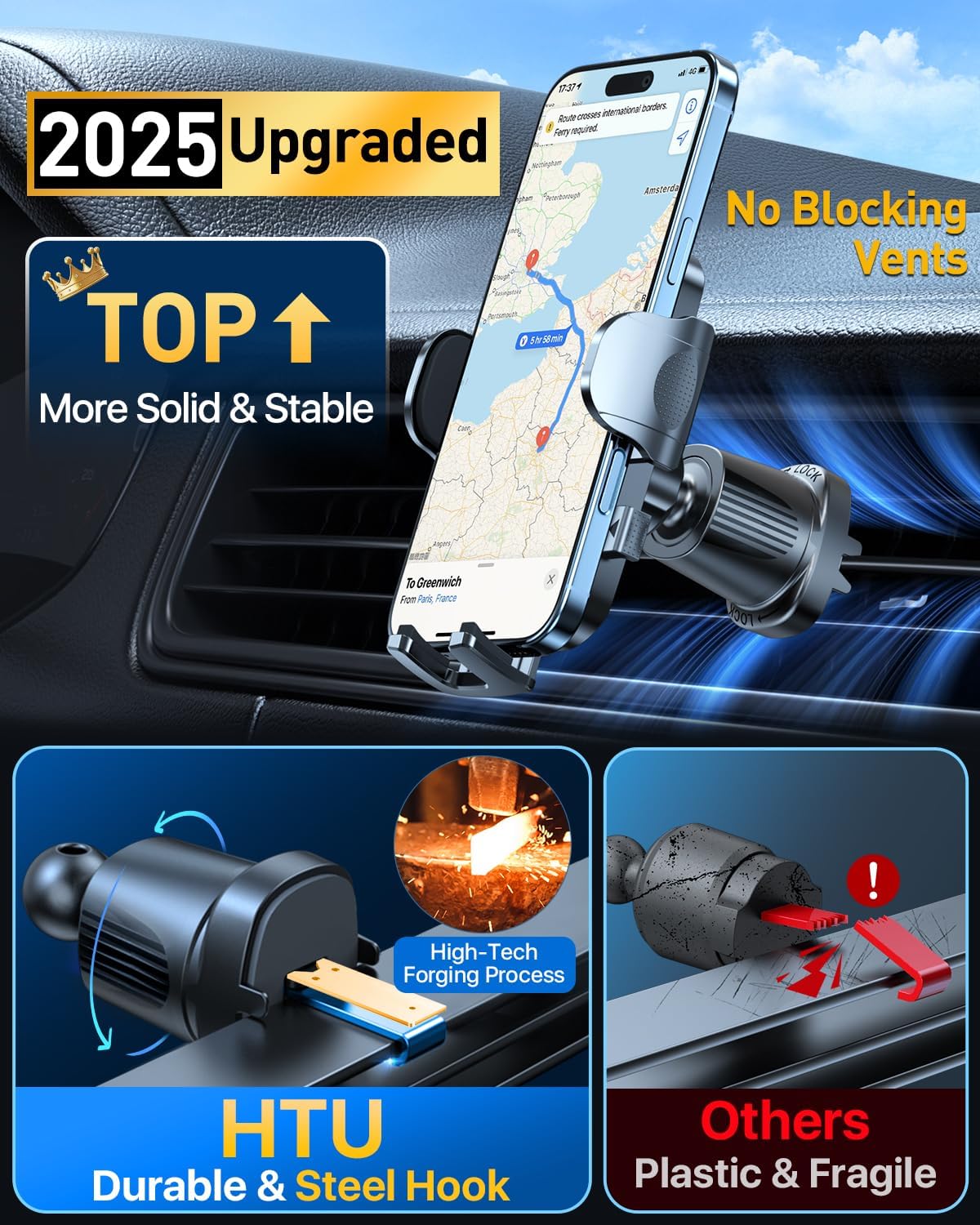 HTU Upgraded Strongest Suction Car Phone Holder Bendable Arm, Never Block View Rotatable Cellphone Mount for Dashboard Windshield Vent, Cradle Stand for iPhone 16 15 14 13 12 Pro Max (Black)