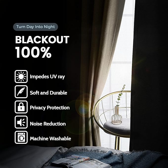 SimpleHome 100% Blackout Curtains for Bedroom,Thermal Insulated Beige Grommet Window Drapes Room Darkening Curtains for Living Room with Black Back,62 x 63 Inch,2 Panels