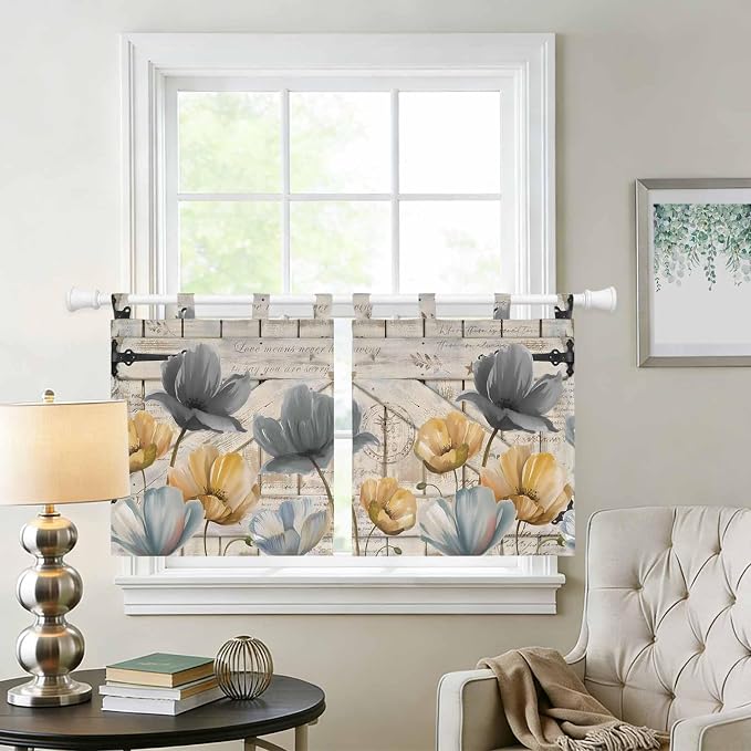 Spring Tulips Flower Kitchen Curtains 36 Inch Length, Small Window Curtains Tab - Image 2