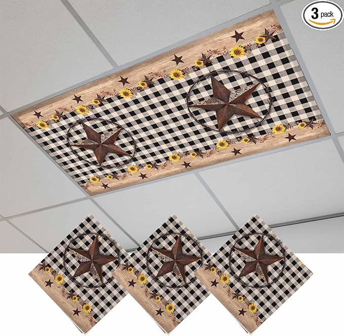 3 Pack Texas Star Fluorescent Light Covers Country Star Sunflower Vintage Plaid by Unknown