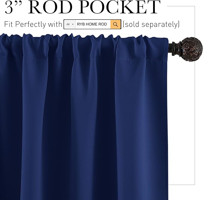 RYB HOME Kitchen Blackout Curtains Over Sink 36 inch Length, Rod Pocket Summer Light UV Blocking Energy Efficient, Cabinet Shelf Cupboard Coverings, Width 29 by Length 36, Marine Blue, 2 Panels