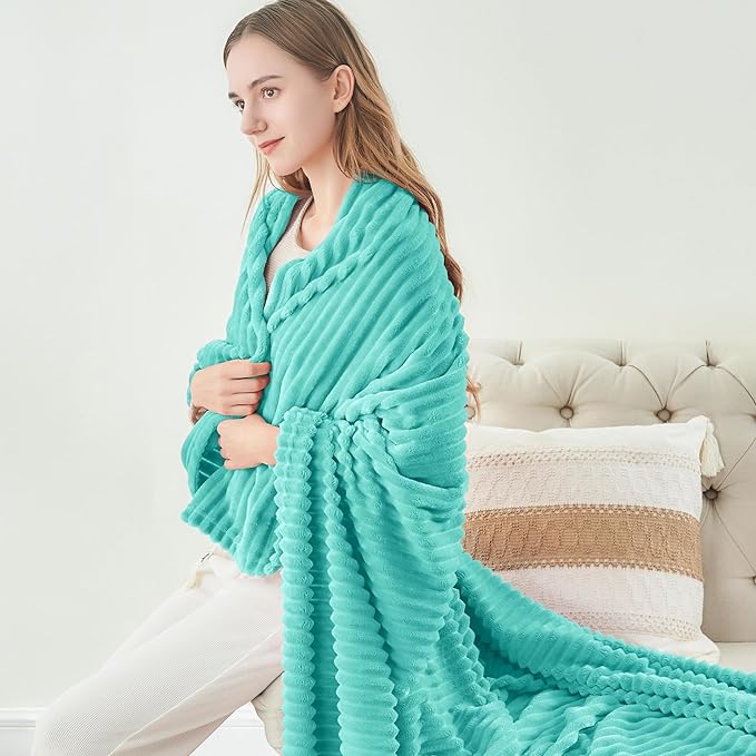 BEDELITE Fleece Throw Blanket for Couch – 3D Ribbed Jacquard Soft and Warm Decorative Fuzzy Blanket – Cozy, Fluffy, Plush Lightweight Aqua Throw Blankets for Bed, Sofa, 50x60 inches