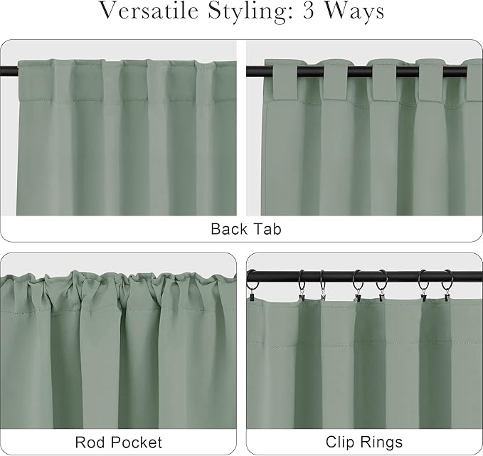 PONY DANCE Sage Green Blackout Curtains, Solid Back Tab Thermal Insulated Light Blocking Drapes for Kitchen/Bathroom Window, Short Small Drapes for RV Camper, 42 W x 45 L, 2 Panels