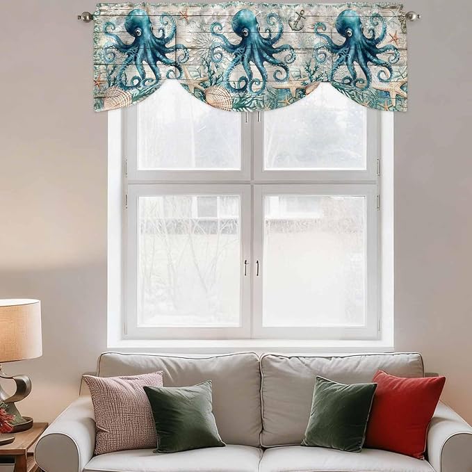 Sea Octopus Ocean Starfish Tie Up Valance Curtains, Nautical Anchor Vintage - Image 2