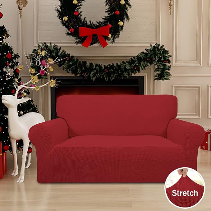 Easy-Going Stretch Loveseat Slipcover 1-Piece Sofa Cover Furniture Protector Couch Soft with Elastic Bottom for Kids Polyester Spandex Jacquard Fabric Small Checks (Loveseat, Christmas Red)