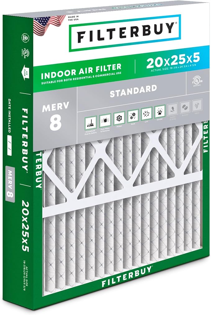 Filterbuy 20x25x5 Air Filter MERV 8 Essential Dust & Allergy Defense, Pleated by Filterbuy
