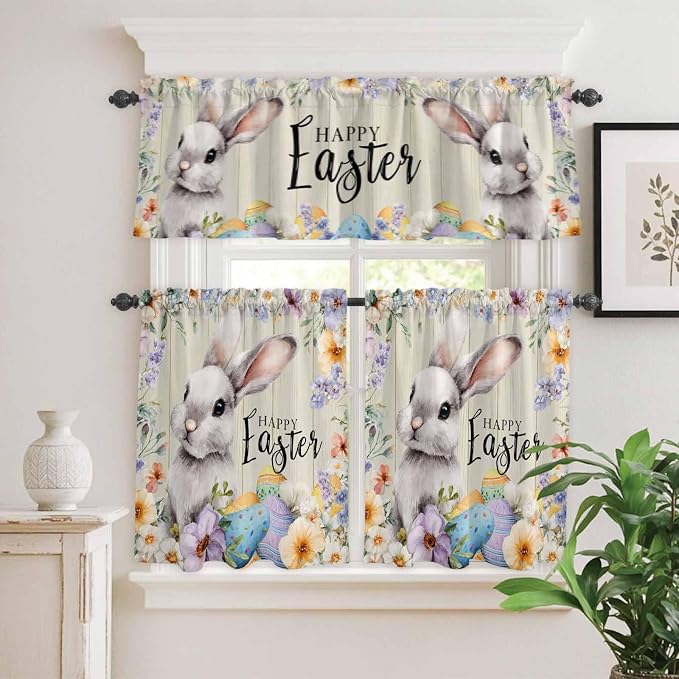 Easter Grey Bunny Kitchen Curtains Set 3 Piece - Image 9