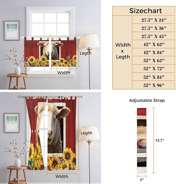 Sheep Sunflower Kitchen Curtains 36 Inch Length, Small Window Curtains Tab Top - Image 8